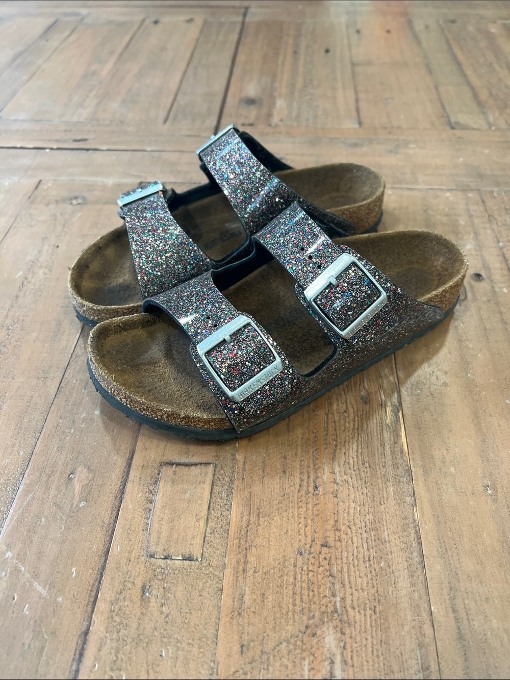 Birkenstock Arizona black glitter buckle sandals EU 33 US 1.5 kids